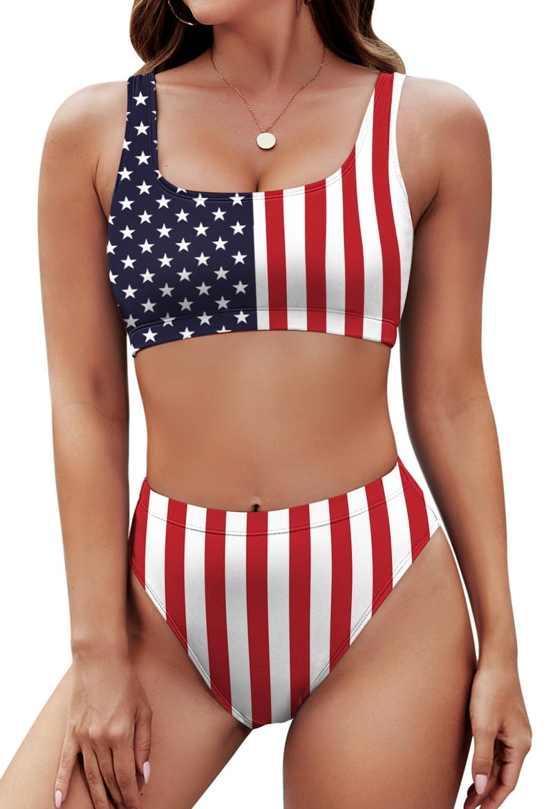 Pink Queen Women's Crop High Waisted Cheeky USA American Flag 2Pcs Bikini Set S - Image 1